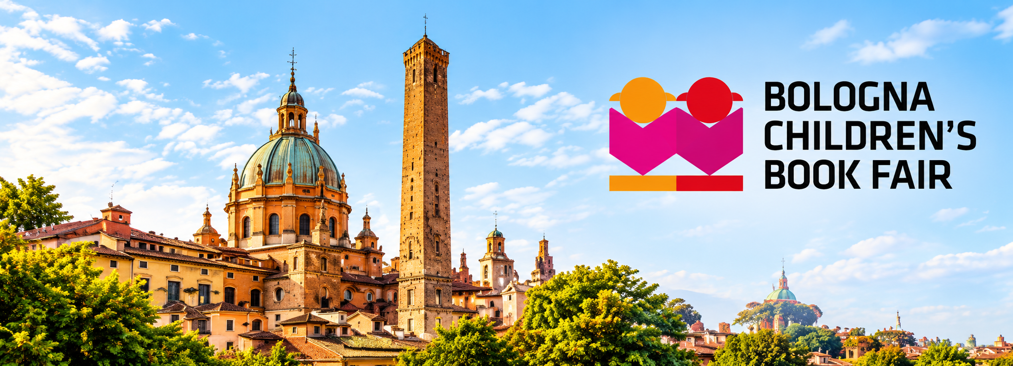 Bologna Children’s Book Fair logo above Bologna’s historic towers and domed buildings