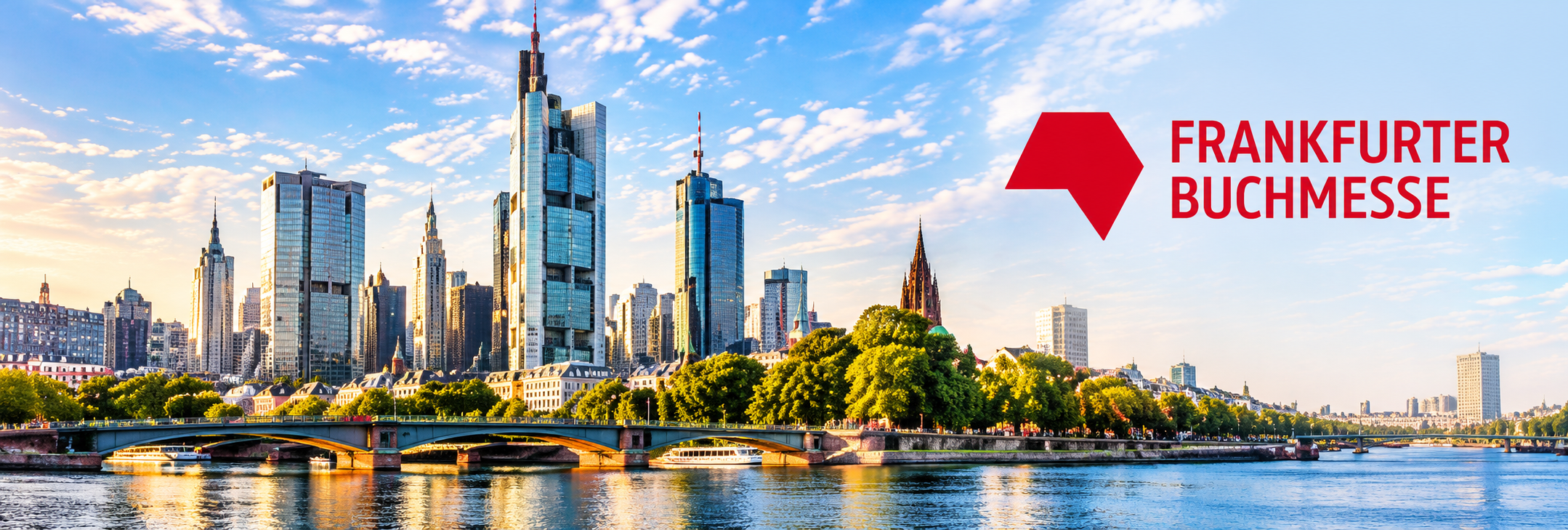 Frankfurter Buchmesse logo above the Frankfurt skyline and River Main