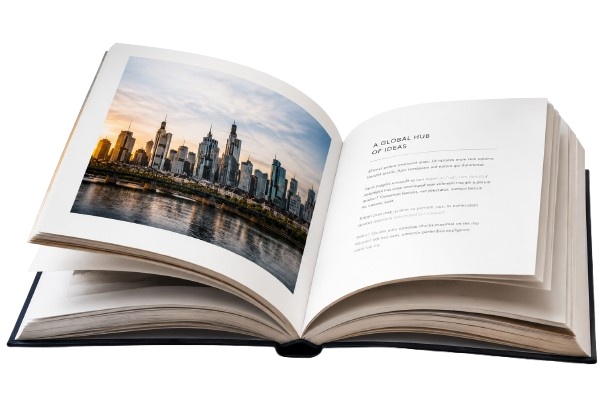 Open book showing a city image
